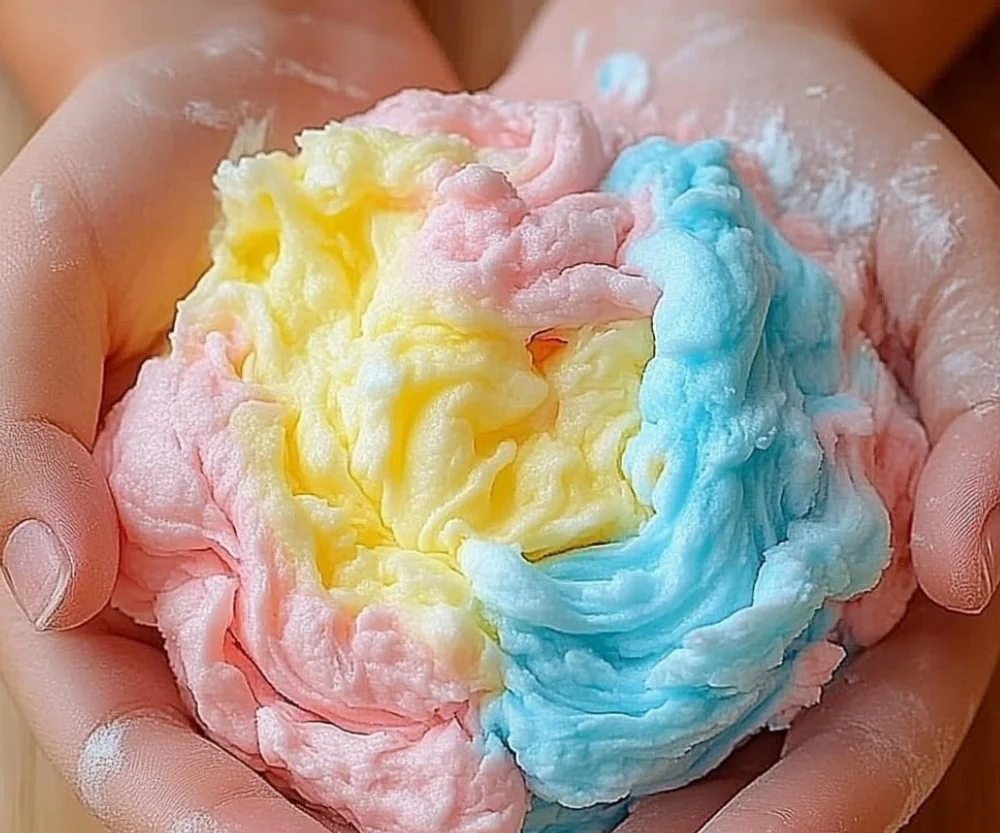 Colorful cloud dough in a bowl for a fun DIY sensory activity.