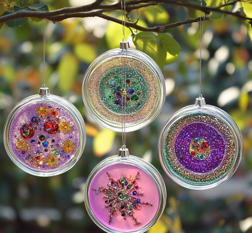 Glitter Lid Suncatcher Mobile reflecting colorful light in a bright room