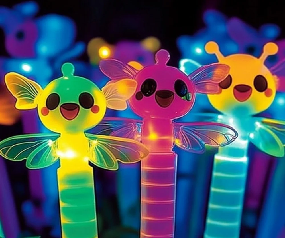A vibrant image of glowstick fireflies illuminating a summer night.