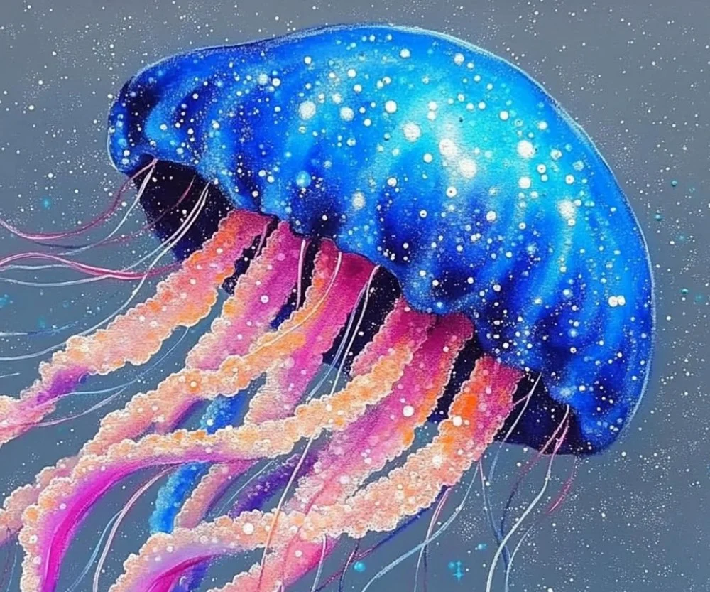 Vibrant jellyfish painting capturing the beauty and grace of marine life.