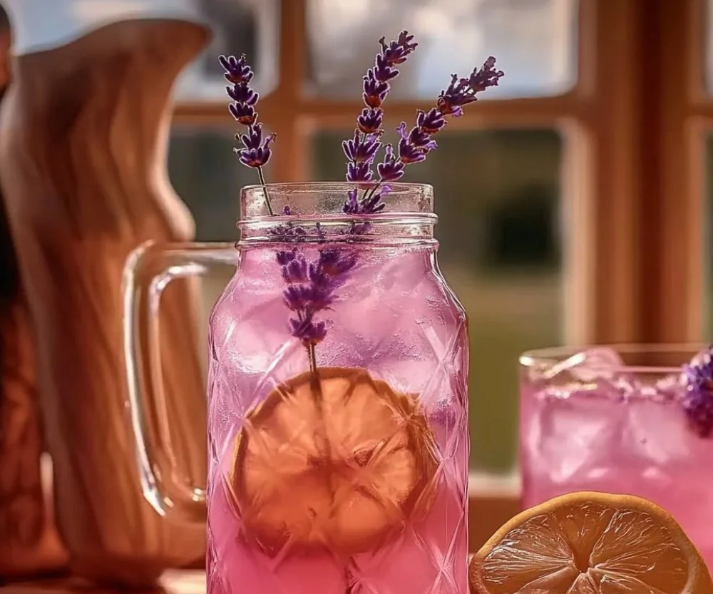 Refreshing lavender lemonade fizz in a clear glass with lemon slices and lavender sprigs