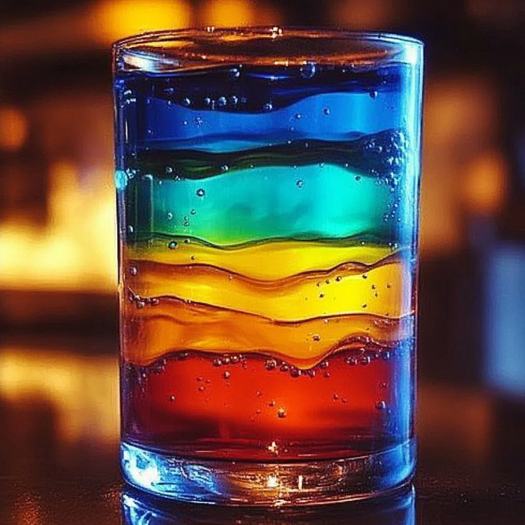 Vibrant layered rainbow drink in glasses with colorful layers.