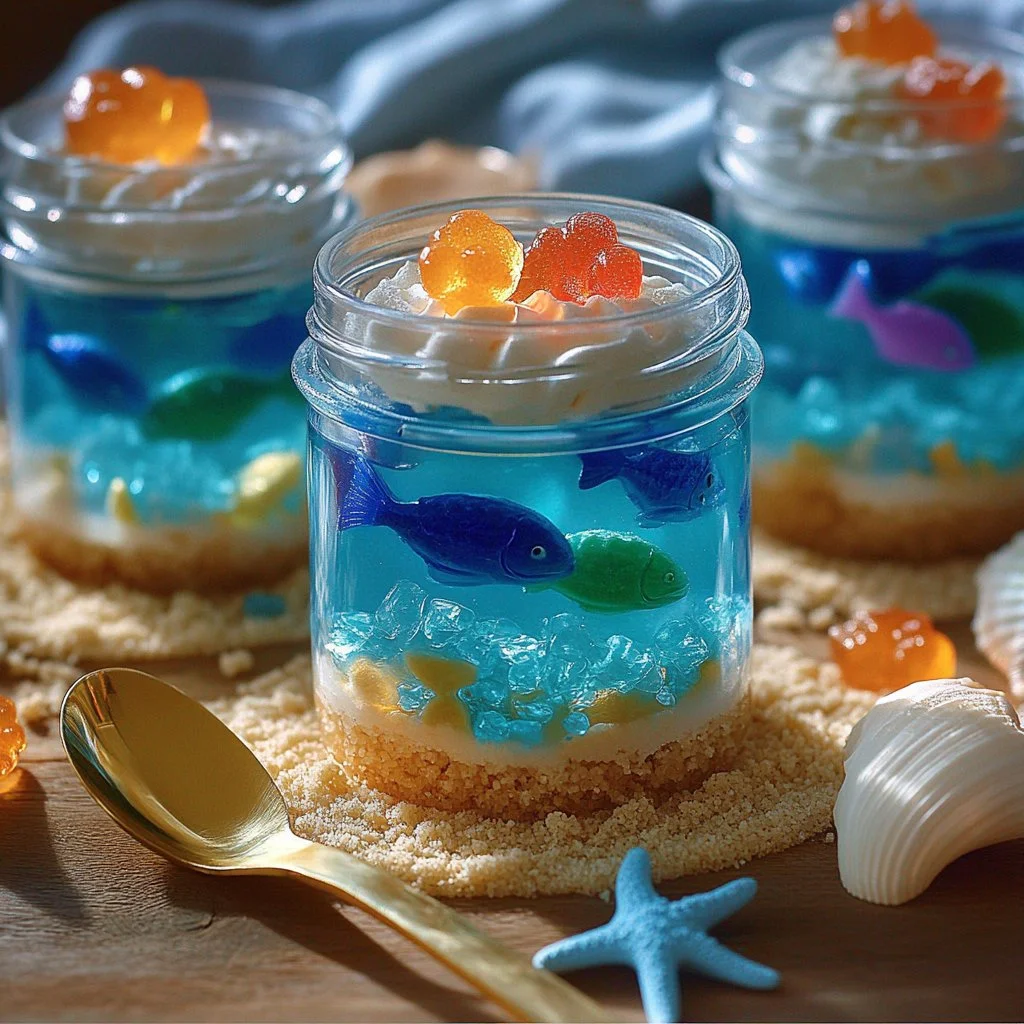 Colorful ocean-themed parfaits with layers resembling the sea.
