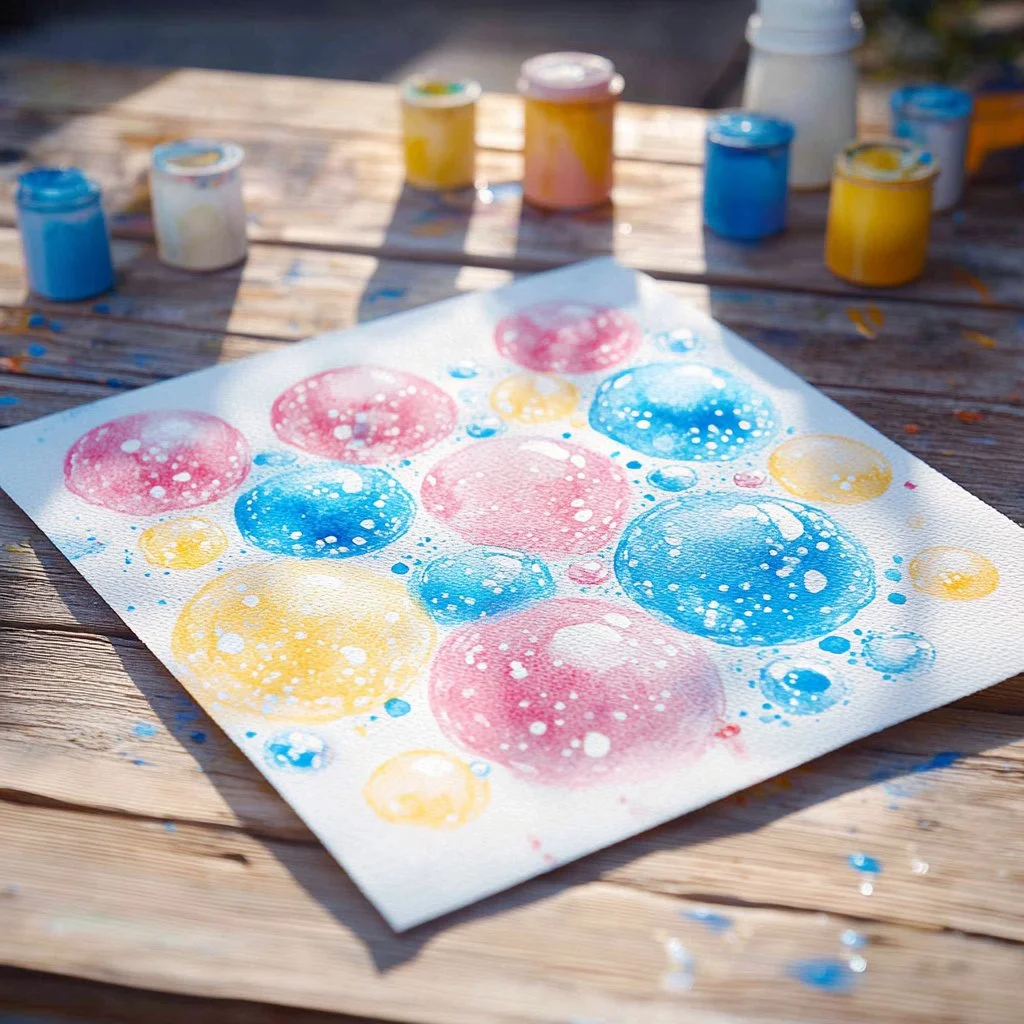 Colorful artwork created using bubbles for painting techniques.