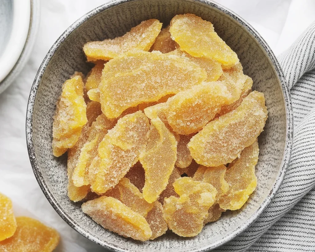 Homemade crystallized ginger in a bowl, ready to enjoy or use in recipes.