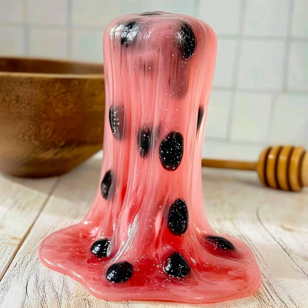 A vibrant bowl of homemade watermelon slime, ready for sensory fun.