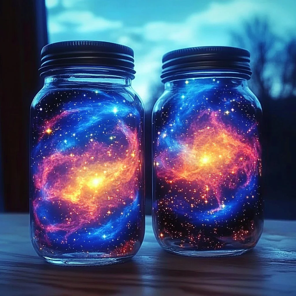 DIY project showing a colorful universe in a jar with stars and planets.