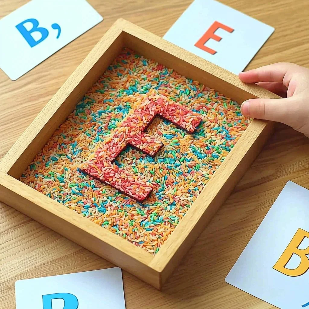 Children practicing alphabet writing in rice for a fun learning activity