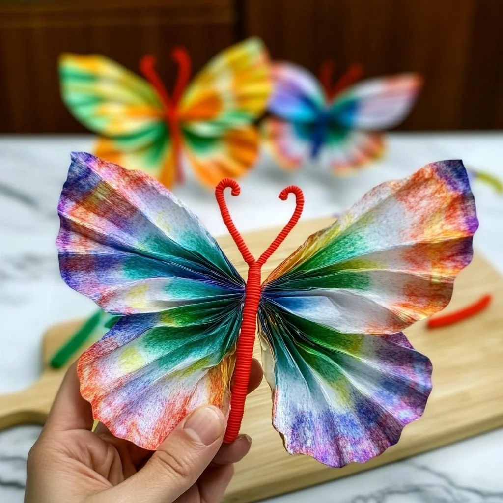 Colorful coffee filter butterflies crafted for decoration and fun projects