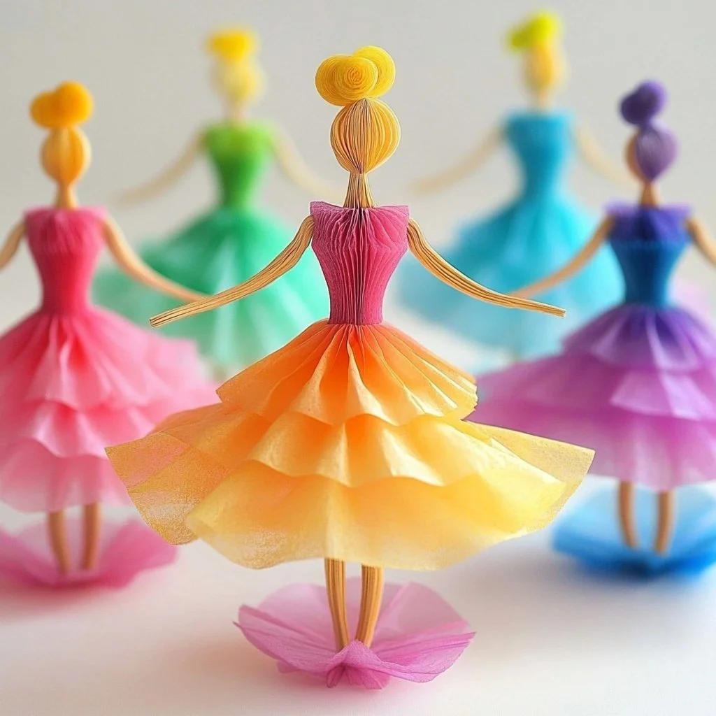 Colorful Coffee Filter Dancers created with art materials and cut paper.