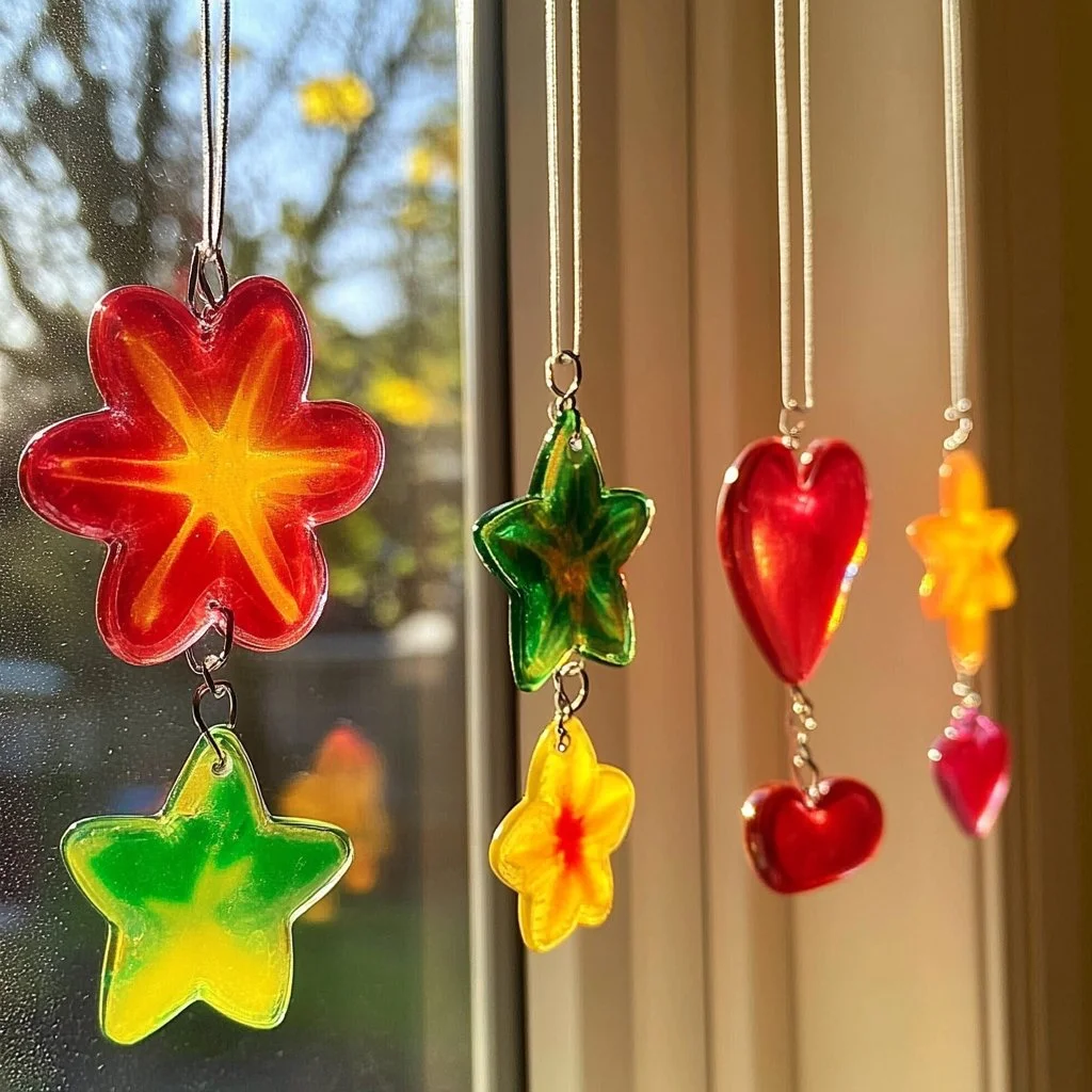 Colorful bioplastic suncatchers hanging in sunlight, enhancing home aesthetics.