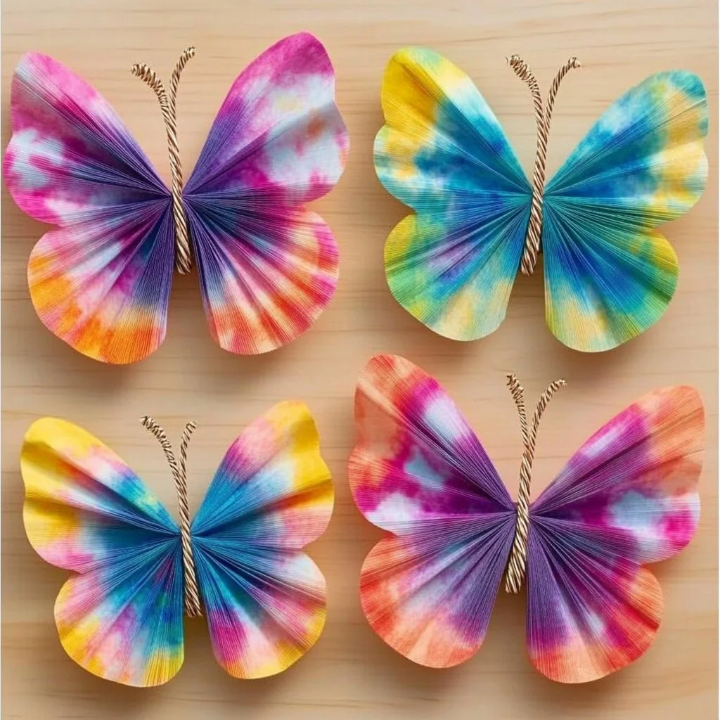 Colorful coffee filter butterflies crafted from paper filters and vibrant colors.