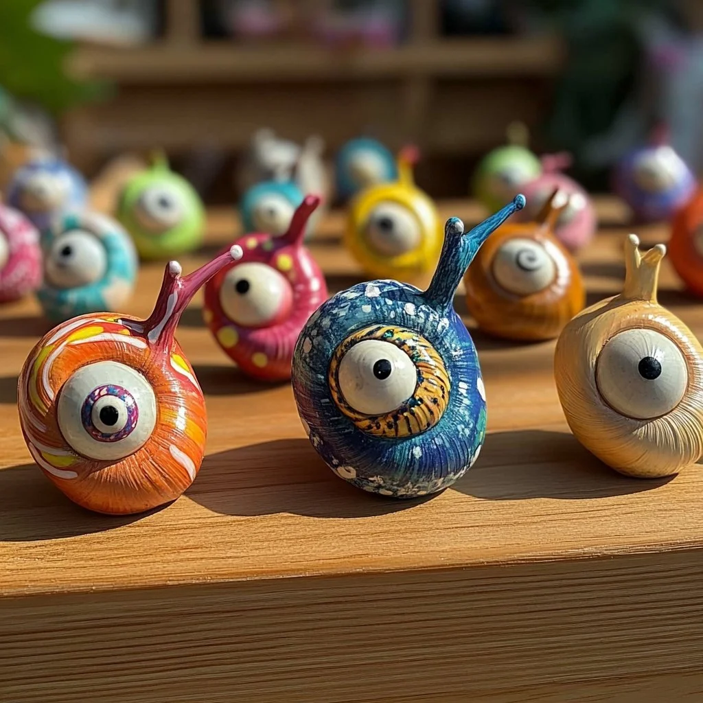 Creative and colorful crafty seashell snails made from shells and art supplies.