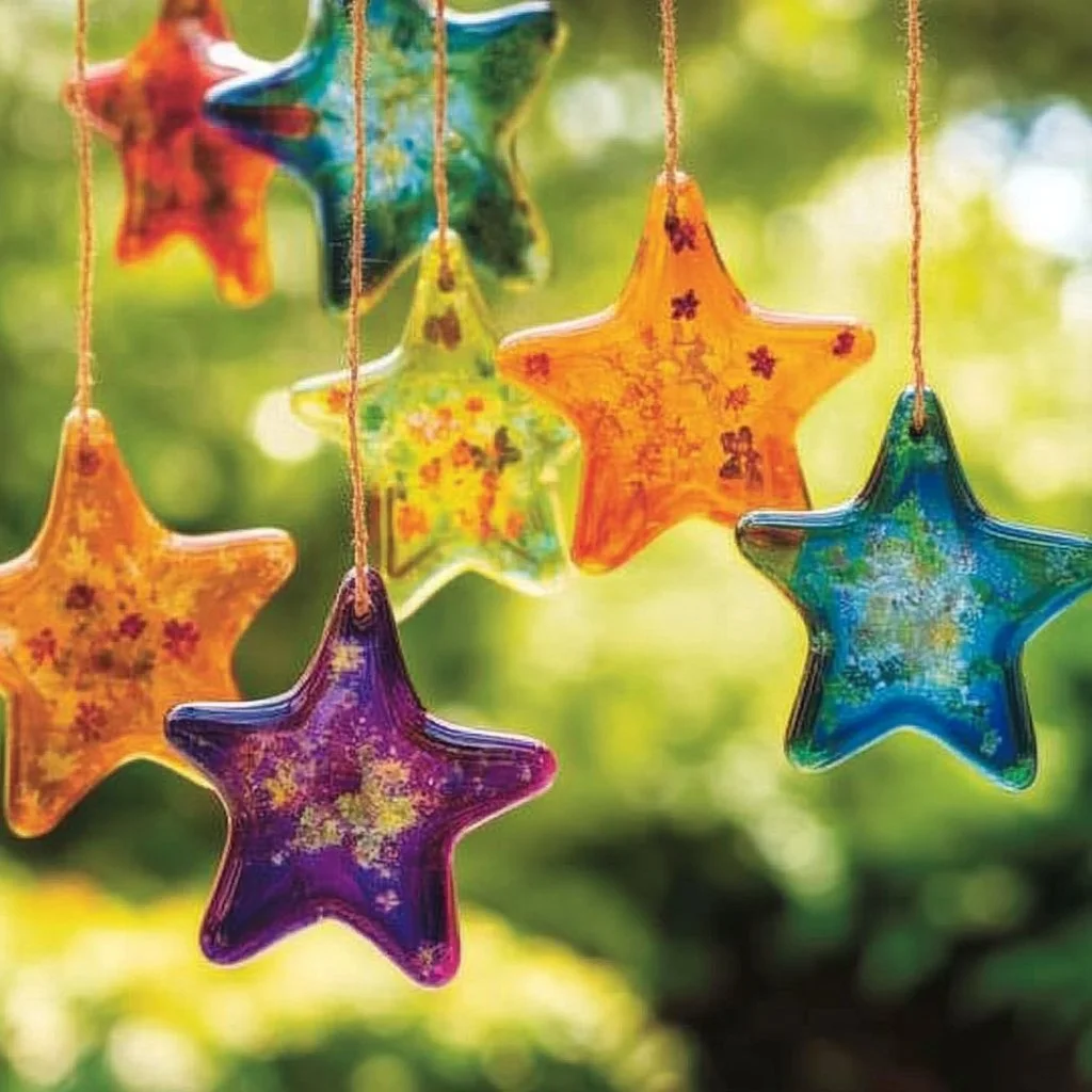 Colorful crayon star sun catchers hanging in a sunny window