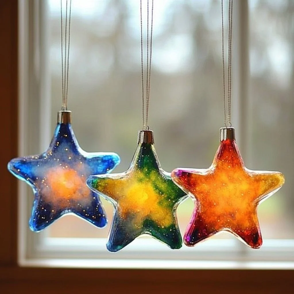Colorful crayon star suncatcher hanging in sunlight