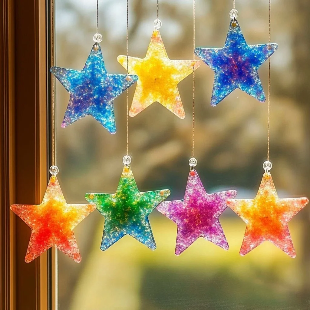 Dazzling Star Sun Catchers reflecting sunlight in vibrant colors.