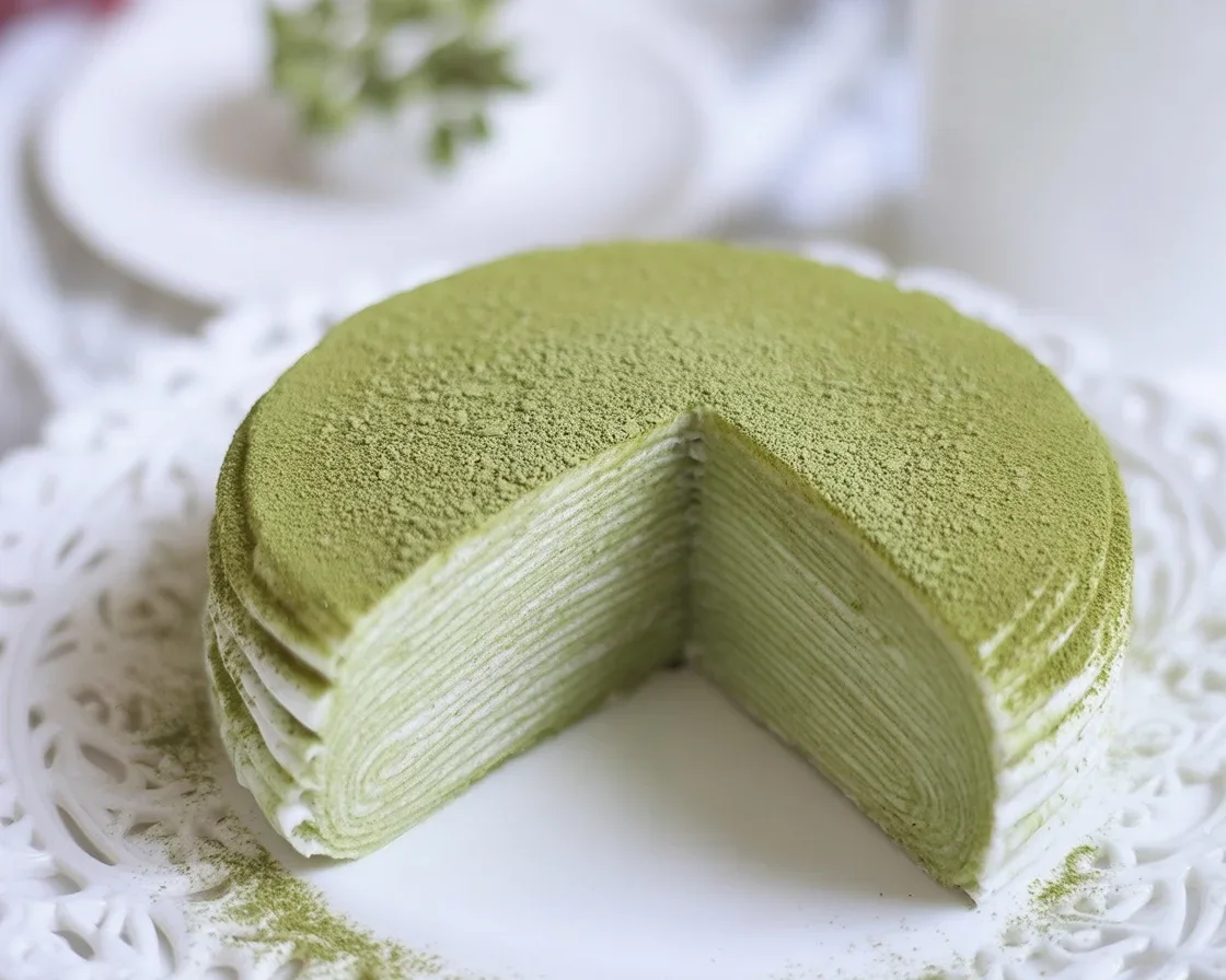 Delicious matcha crepe roll cake topped with cream and matcha powder.