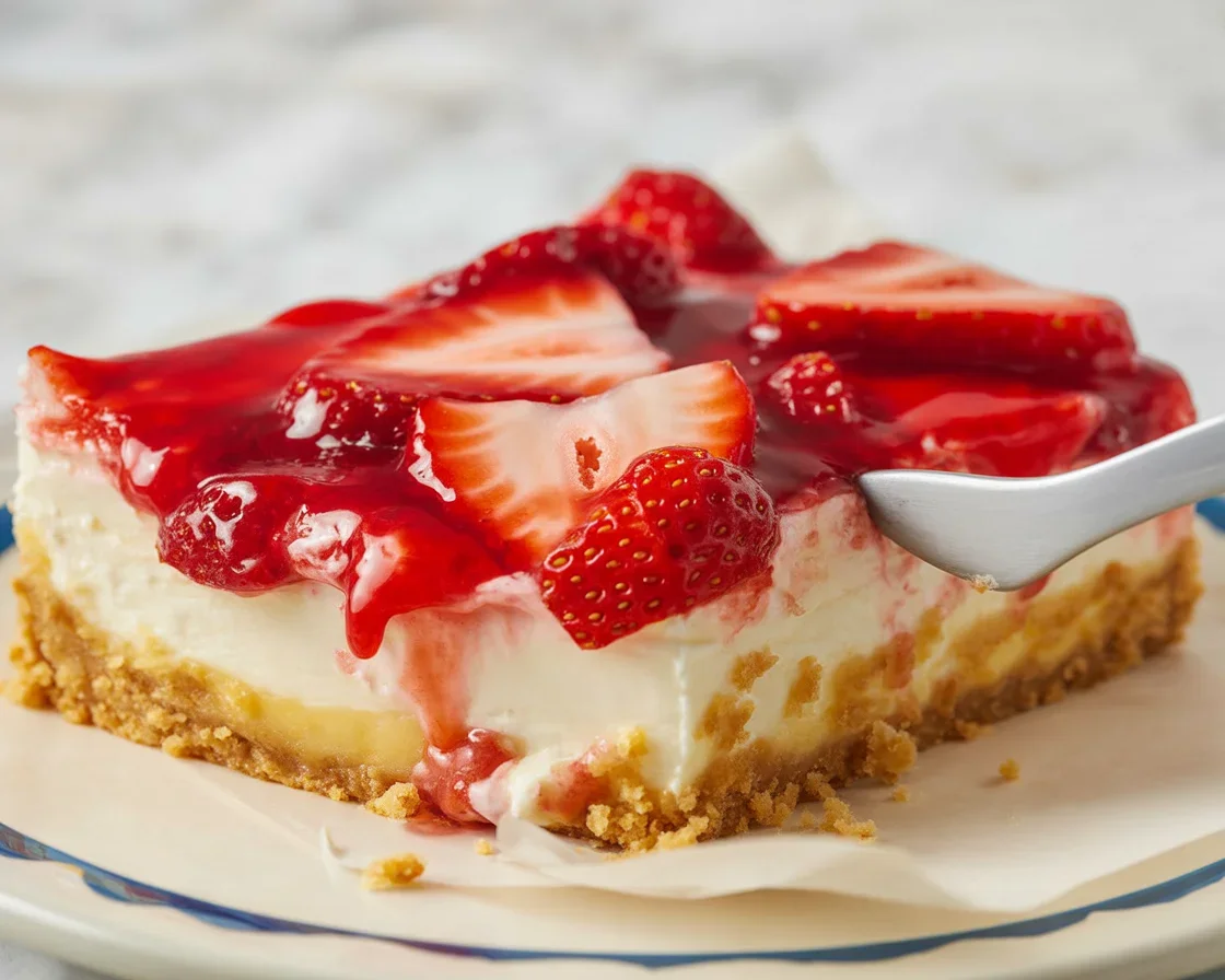 Delicious Strawberry Cheesecake Dump Cake topped with strawberry filling and cream cheese.