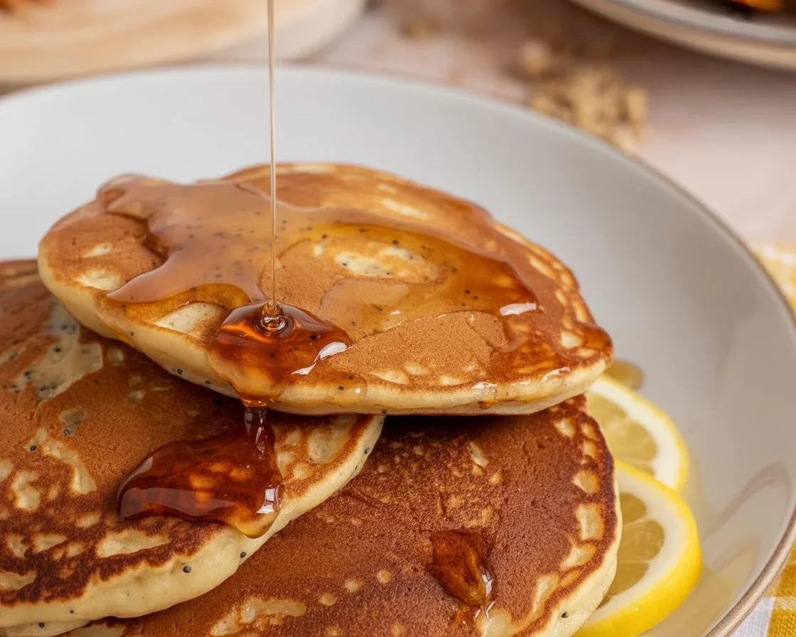 Delicious Lemon poppyseed protein pancakes topped with fresh blueberries and lemon zest.