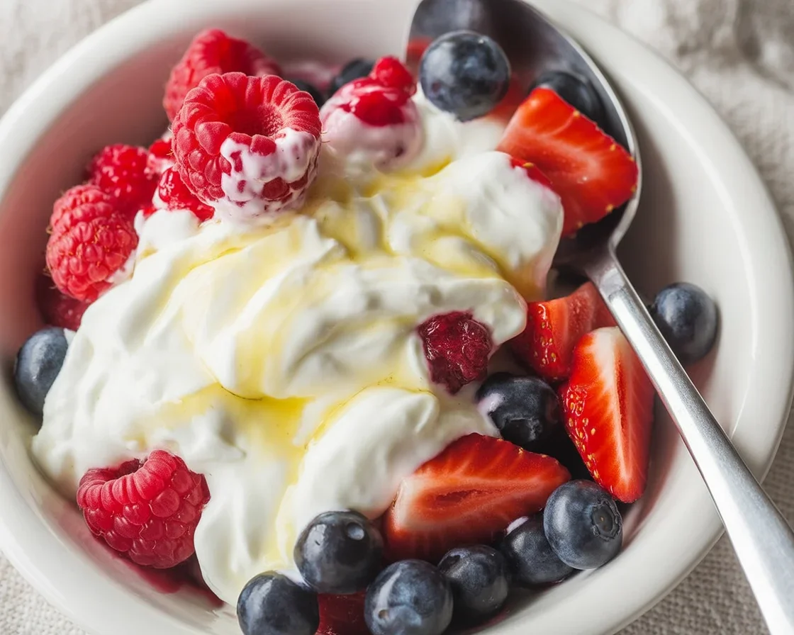A bowl of dry yogurt topped with colorful fruit powder and granola.