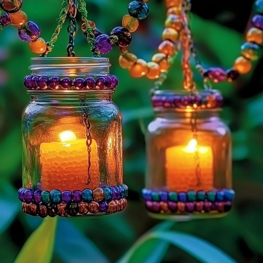 Handmade DIY beaded plant hanger showcasing vibrant beads and greenery.