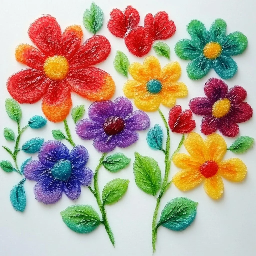 Colorful flowers created through DIY salt painting activity for kids