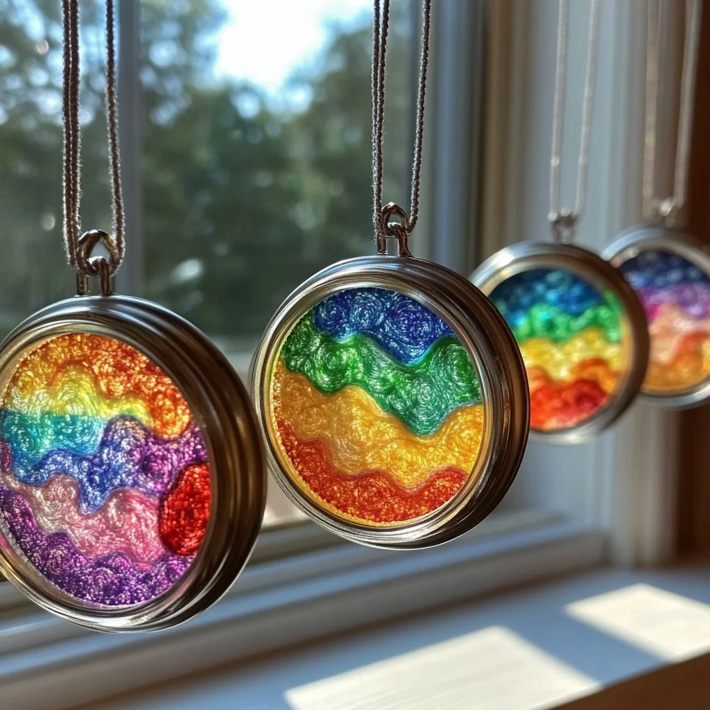 Colorful DIY sun catchers reflecting sunlight in a bright room