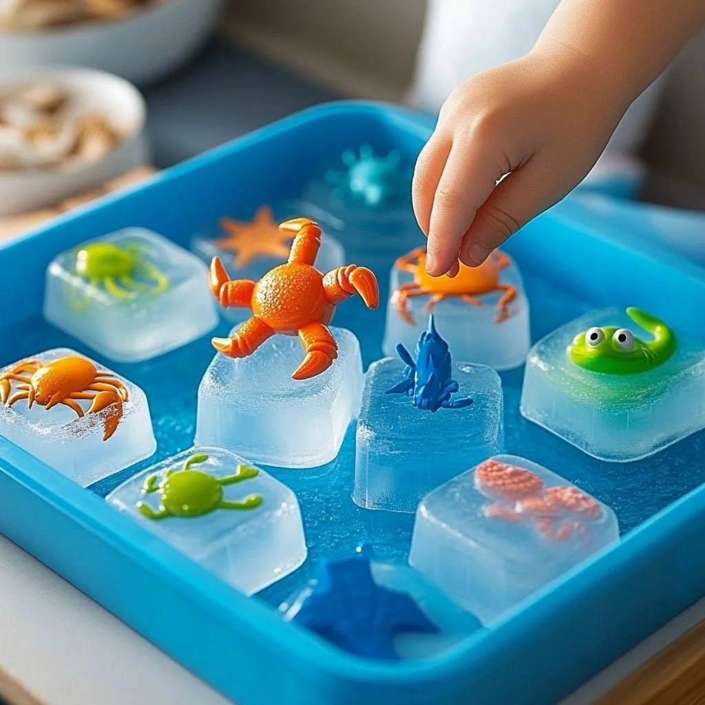 Kids exploring ocean animals in an easy-prep excavation ice activity.
