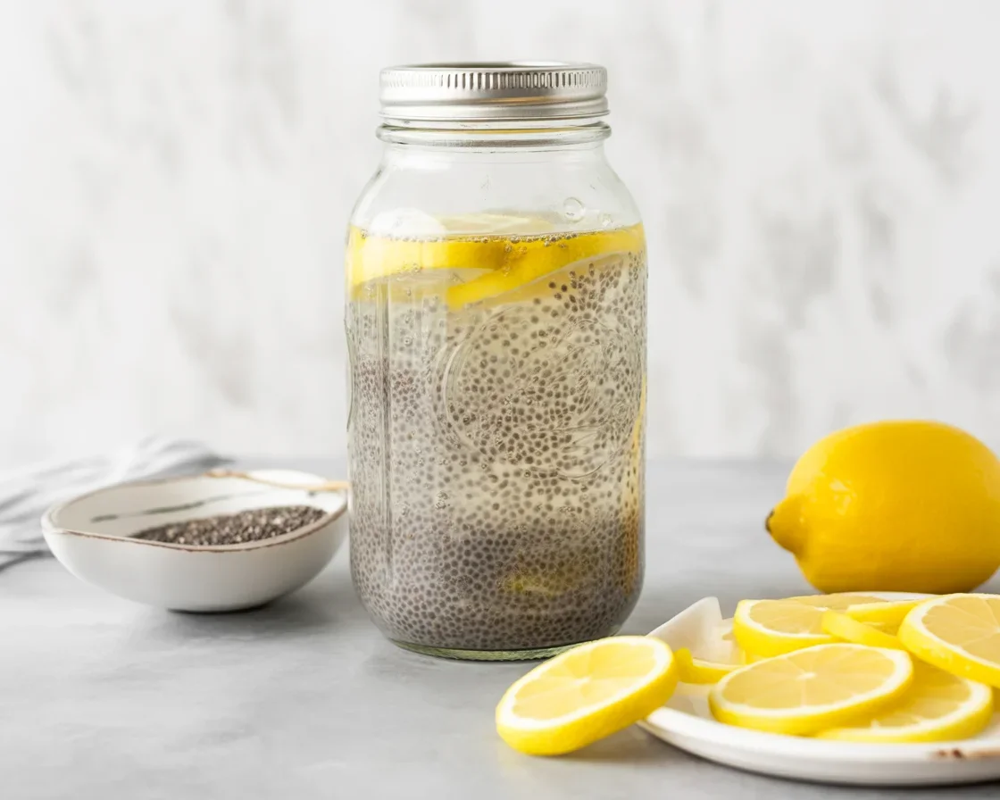 Glass of refreshing chia seed water with lemon slices and chia seeds floating