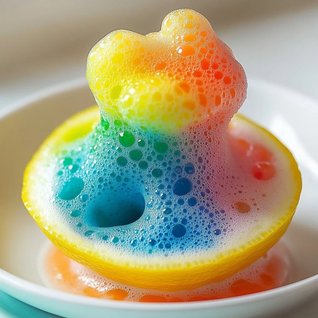 Erupting Lemon Volcano experiment with vibrant lemon and bubbly reactions.