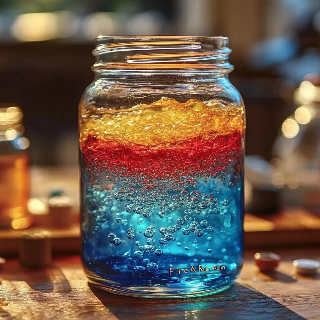 Colorful rainbow layers of liquid in a jar, showcasing the Rainbow In A Jar activity.