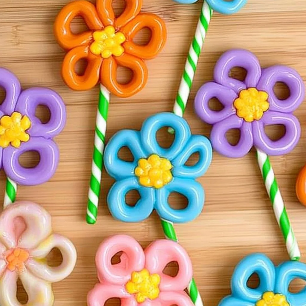 Colorful Flower Pretzels arranged beautifully on a platter.