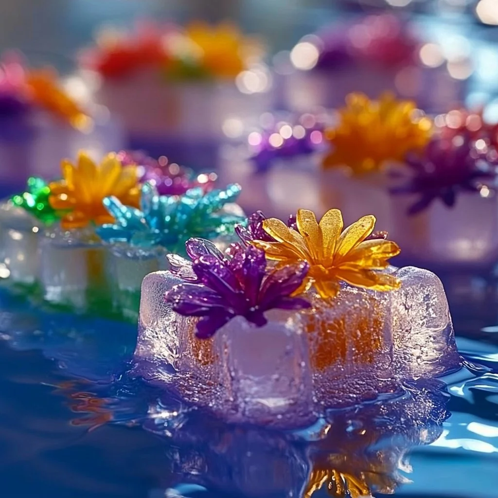 Frozen petals ice cubes in clear drink for a floral touch