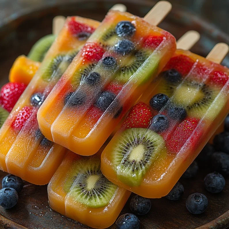 Colorful fruit popsicles made from fresh fruits and natural ingredients.