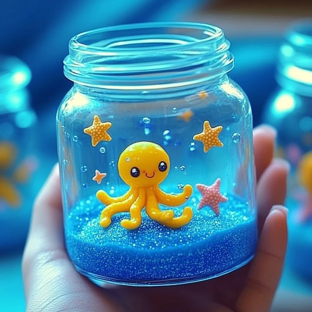 Colorful glitter ocean mini slime jars for fun and creative play.