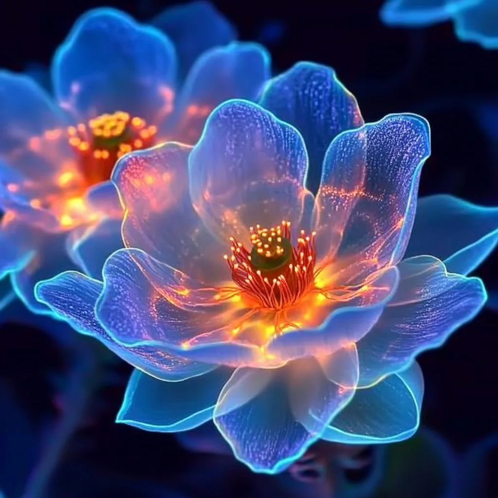 Beautiful Glow-in-the-Dark Flowers illuminating a garden at night.