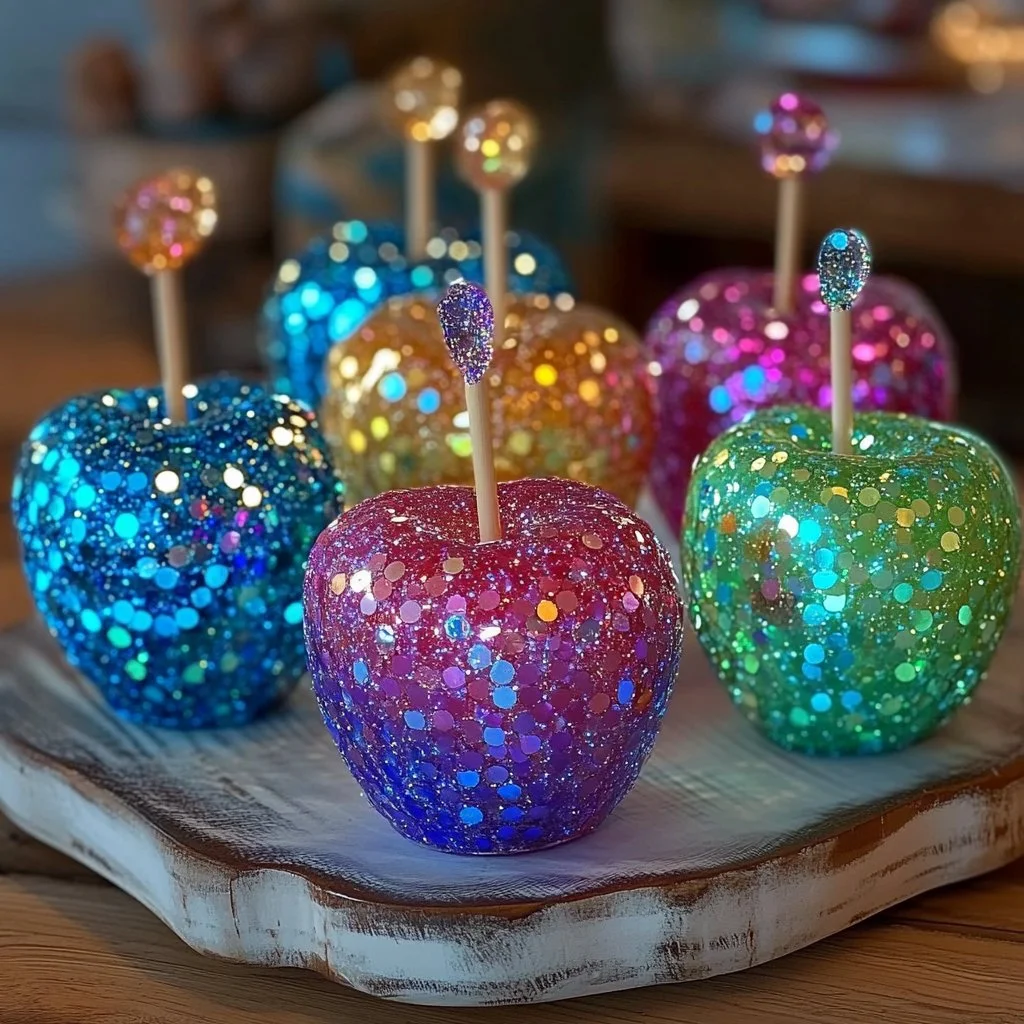 Glow in the Dark Jolly Rancher candy apples with colorful decorations