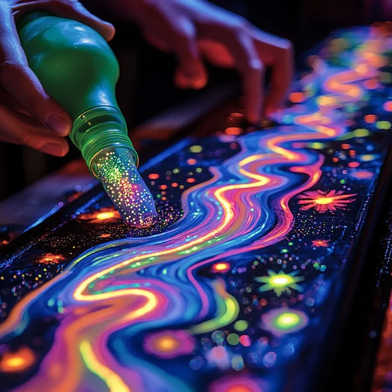 Glow in the dark art created with colorful puffy paint