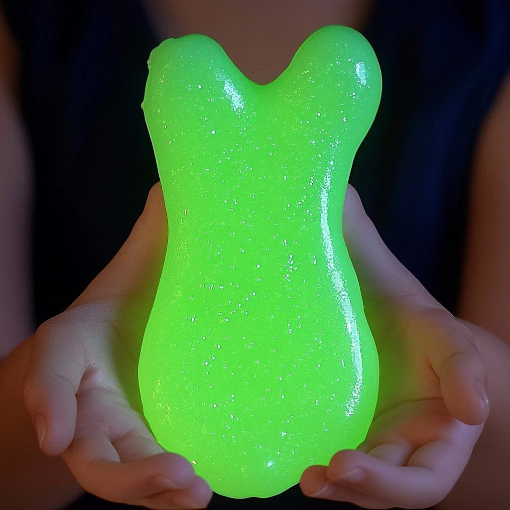 Bright green glow in the dark slime in a clear container with sparkles