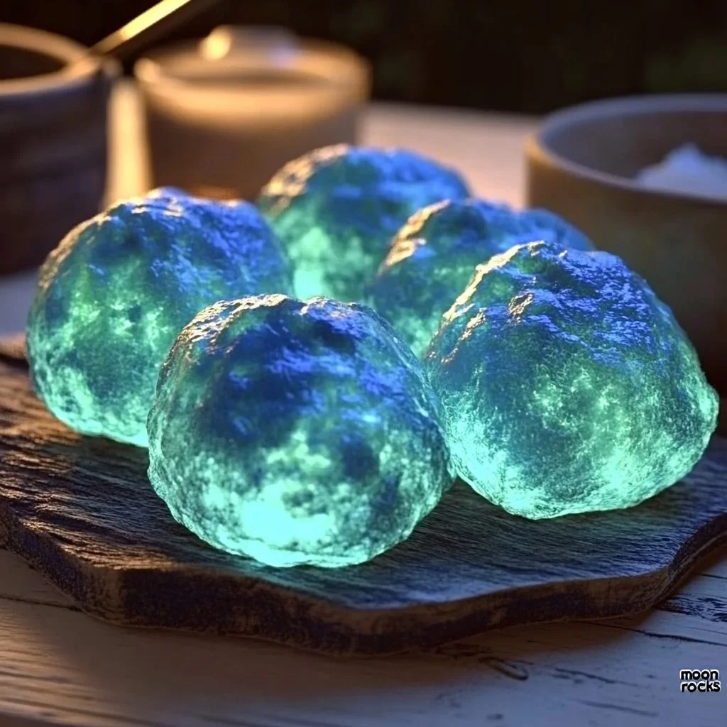 Glowing bouncy moon rocks in various colors, capturing the essence of the night sky.