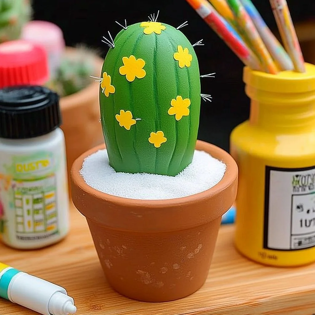 Hand-painted cactus rocks for home décor and garden decoration