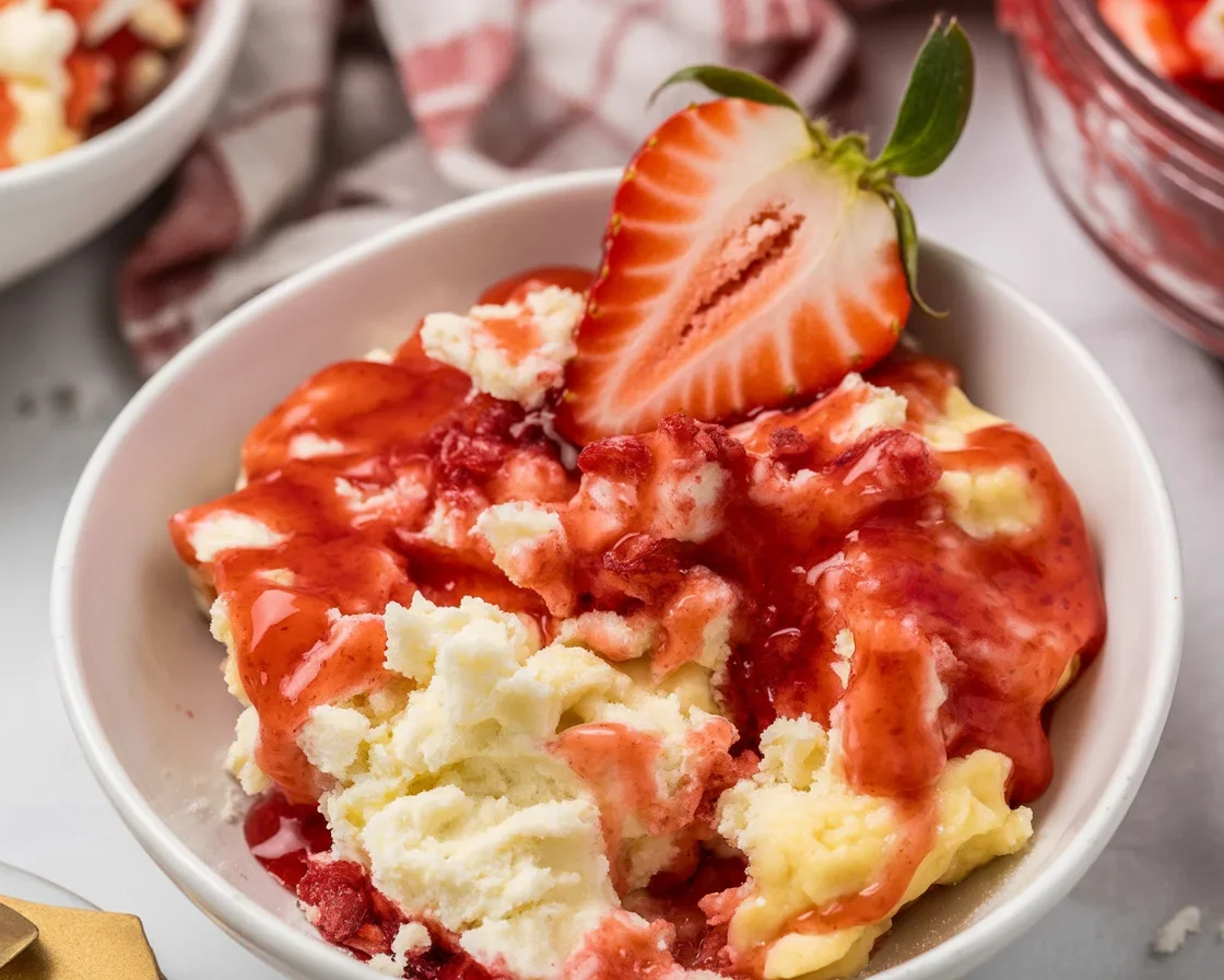 Delicious Strawberry Cheesecake Dump Cake topped with strawberries and cream cheese.