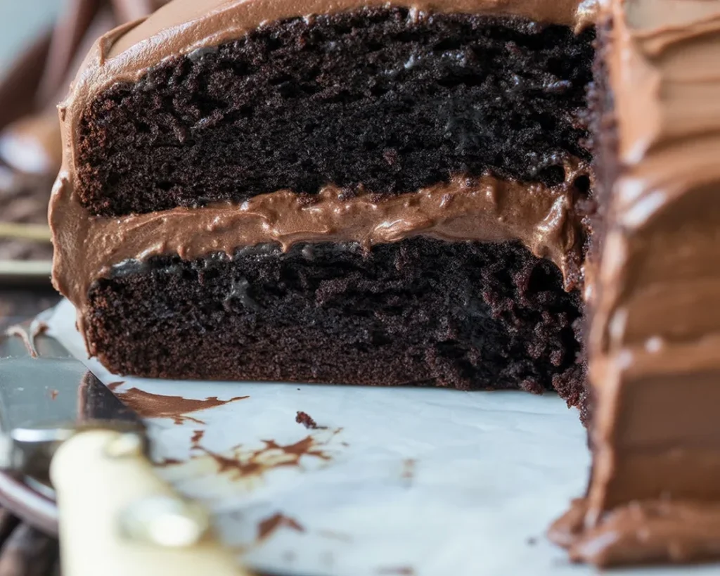 Deliciously rich and moist gluten free chocolate cake topped with creamy frosting