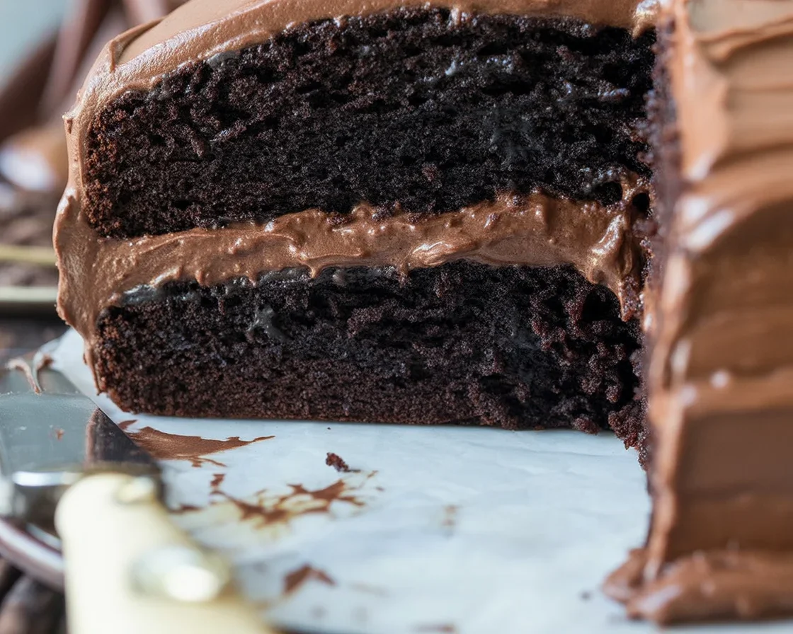 Deliciously rich and moist gluten free chocolate cake topped with creamy frosting
