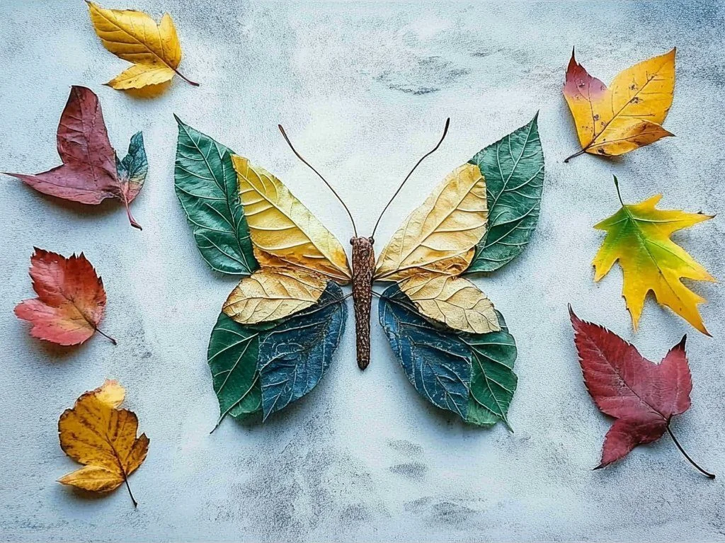 Leaf art butterfly design showcasing intricate details and vibrant colors.