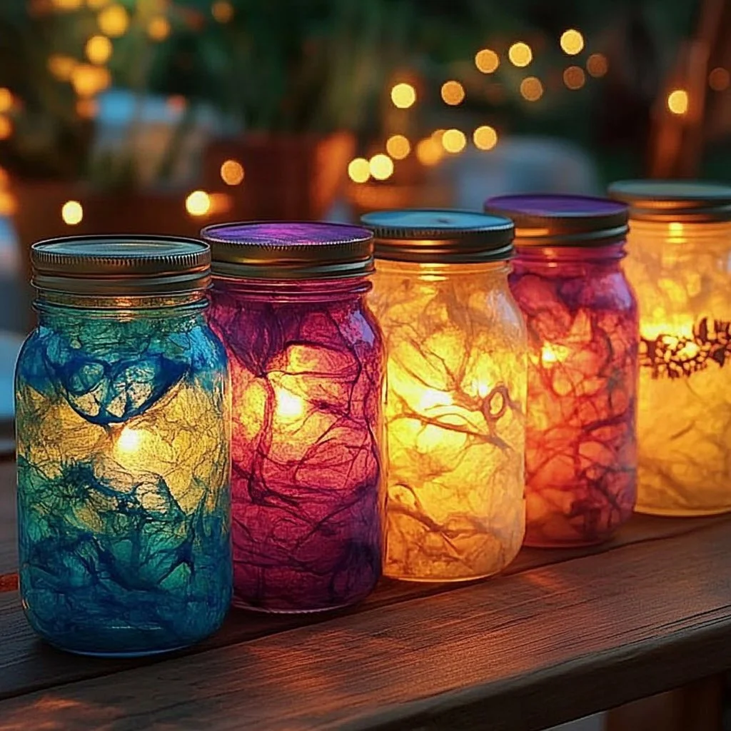 Beautiful Mason Jar Lanterns glowing with warm light