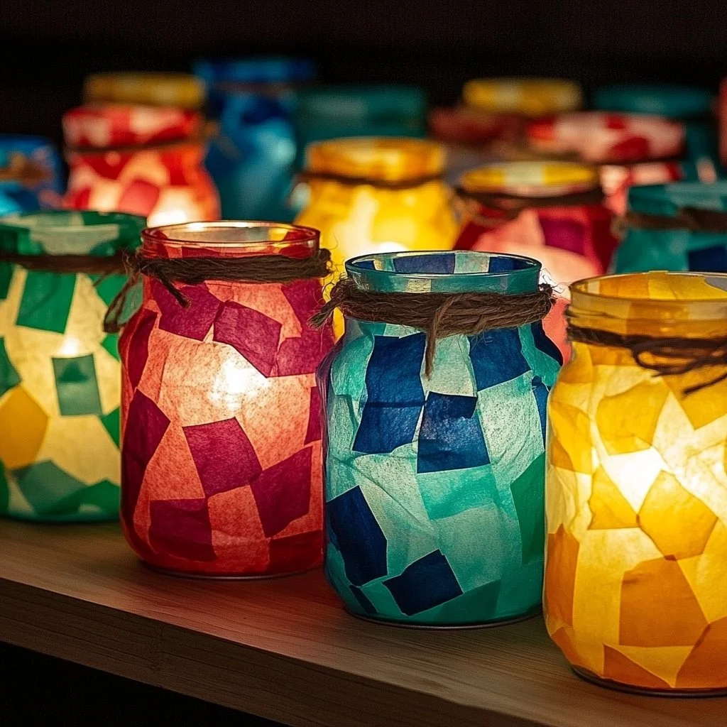 DIY Mason Jar Lanterns illuminated for outdoor decor