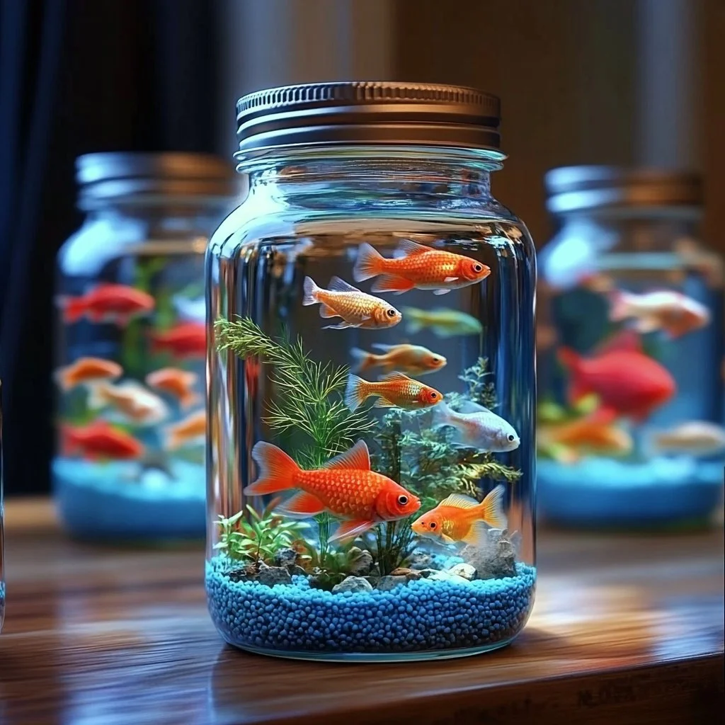 Mini Mason Jar Aquarium craft with colorful fish and aquatic plants.