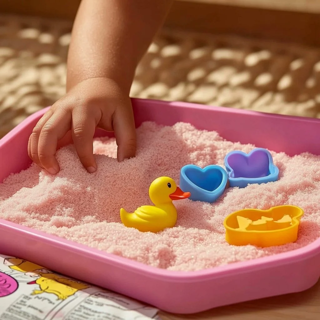 Colorful moon sand in various shapes and molds for creative play.