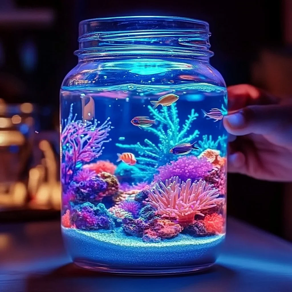 Vibrant Neon Ocean Sensory Jar showcasing colorful liquid and floating elements.